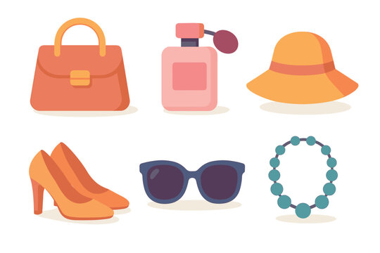 Summer fashion accessories for casual outings and sunny days. Set of 6 vector illustration