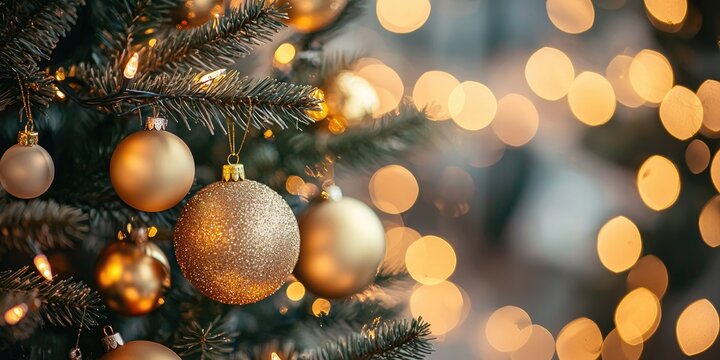 A beautifully decorated Christmas tree with golden ornaments and twinkling lights, set against a blurred background of fairy lights.