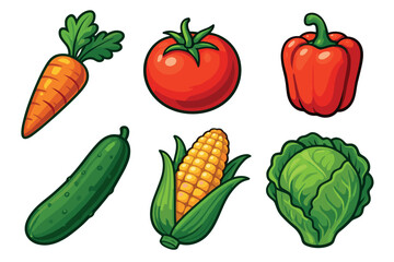 Fresh vegetables for healthy eating and cooking ideas. Set of 6 vector illustration