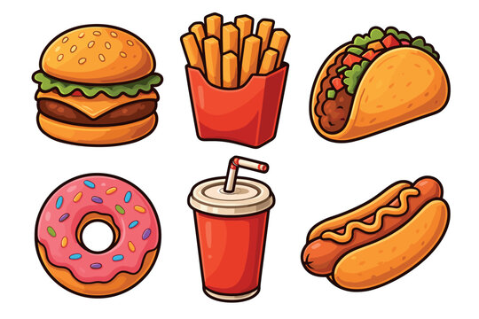 Delicious fast food assortment featuring burgers, tacos, and snacks. Set of 6 vector illustration