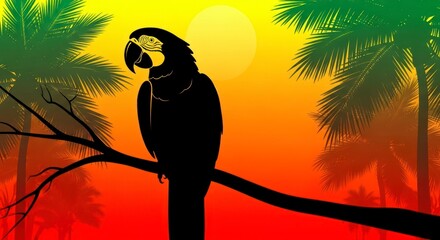 Silhouette of a parrot perched on a branch at sunset with palm trees in the background.