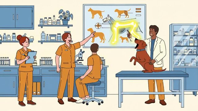 Veterinary Clinic Illustration - Dog Health Check and Lab Analysis.