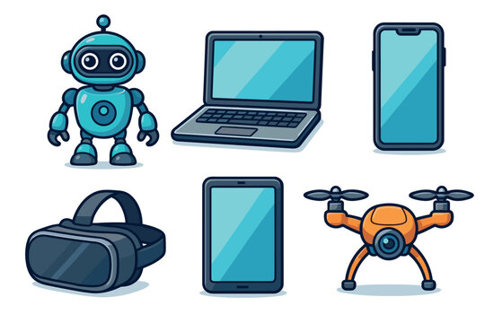 Modern technology tools including robot, laptop, smartphone, and drone. Set of 6 vector illustration