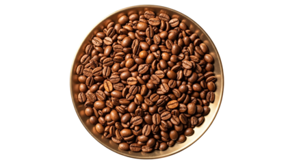Top view of roasted coffee beans isolated on transparent background, close up shot