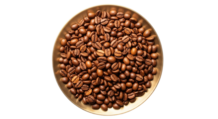 Roasted coffee beans on a golden plate isolated on transparent background, top view