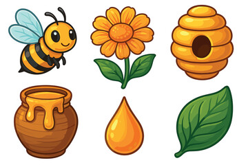 Cute bee and flower with honey elements for design and crafts. Set of 6 vector illustration