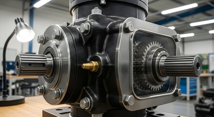 Fototapeta premium Close up of a gearbox with visible gears and shafts on a workbench in a workshop environment