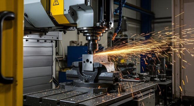 Metalworking machine cutting metal with sparks flying in a factory environment close up shot