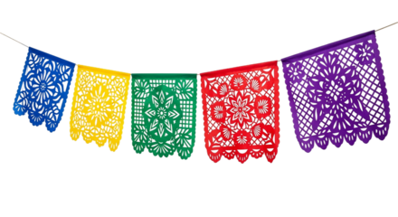 Colorful papel picado banner isolated on transparent background for mexican celebration