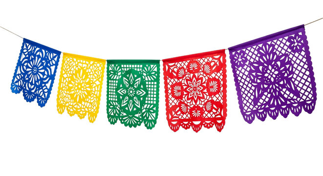 Colorful papel picado banner isolated on transparent background for mexican celebration