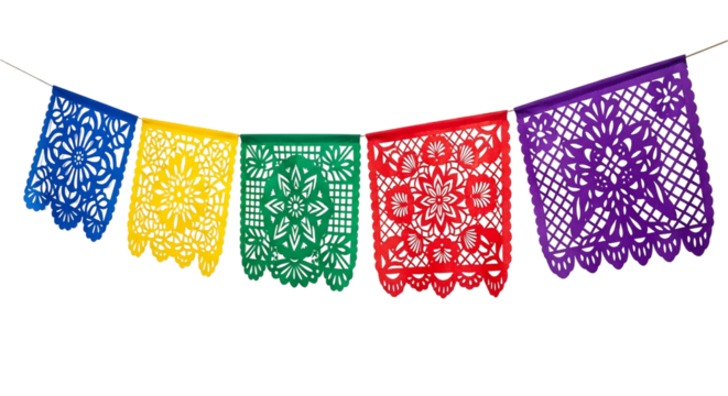 Colorful papel picado banner isolated on transparent background for mexican celebration