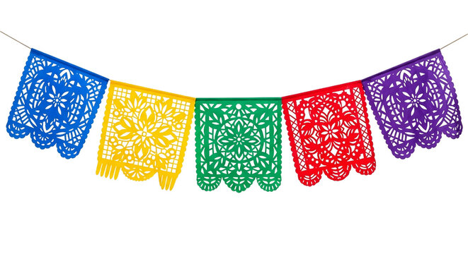 Colorful papel picado banner isolated on transparent background, traditional mexican decoration