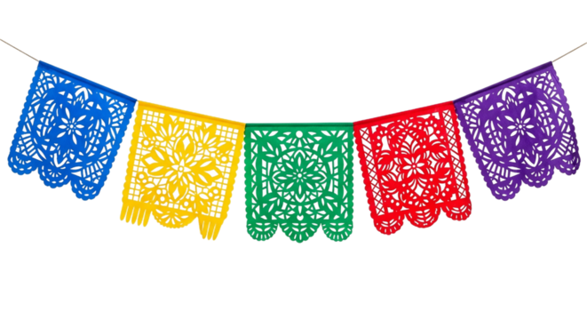 Colorful papel picado banner isolated on transparent background, traditional mexican decoration