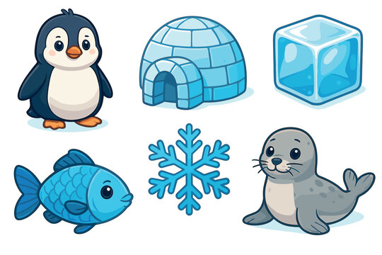 Winter characters penguin, fish, seal, and igloo scene. Set of 6 vector illustration