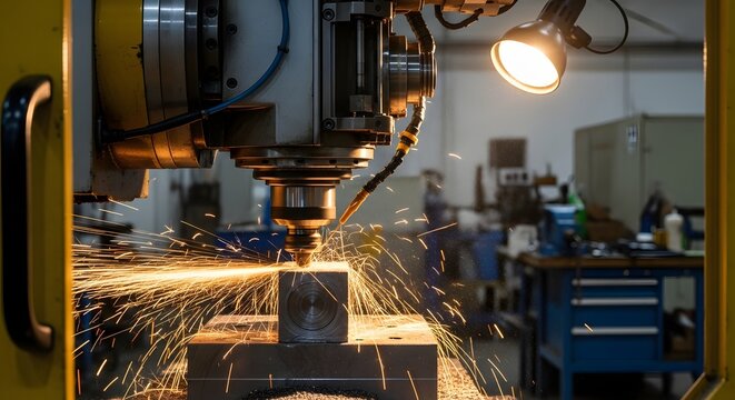 Close up of a metal milling machine cutting a metal block with sparks flying in a workshop setting