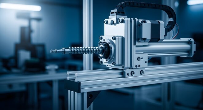 Close up of a linear actuator with a ball screw mechanism in a blue toned industrial setting