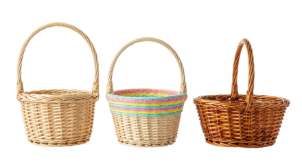 Three empty wicker baskets for easter eggs isolated on transparent background