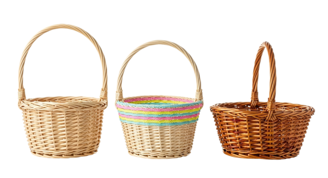 Three empty wicker baskets for easter eggs isolated on transparent background