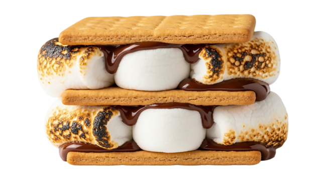 Two delicious smores with graham crackers, toasted marshmallows and chocolate isolated on transparent background