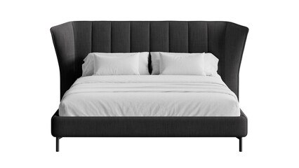 Black bed with a white comforter and pillows on an isolated background.