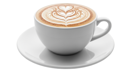 Cup of cappuccino with latte art isolated on transparent background for breakfast
