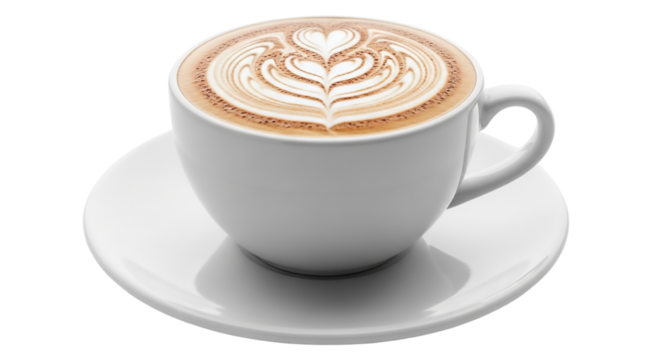 Cup of cappuccino with latte art isolated on transparent background for breakfast - Powered by Adobe