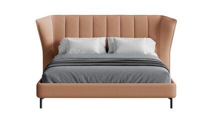 Front view of a bed with a comforter and pillows on an isolated background.