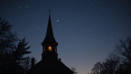 Night Sky Church Steeple Silhouette with Stars and Moon in Clear Dark Sky