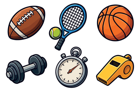 Sports equipment collection for active lifestyle and fitness. Set of 6 vector illustration - Powered by Adobe