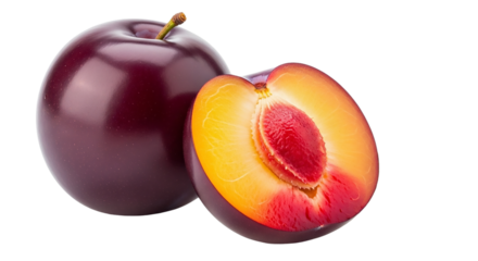 Fresh and juicy plum cut in half isolated on transparent background, studio shot
