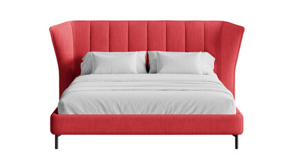 Front view of a modern double bed on a transparent background.