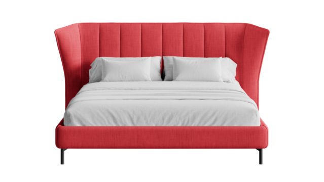 Front view of a modern double bed on a transparent background.