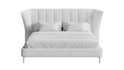 Bed with a white leather headboard, blanket, and pillows.