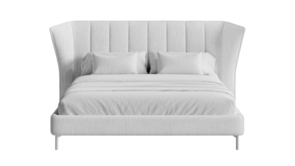Bed with a white leather headboard, blanket, and pillows.