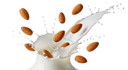 Almonds falling into splashing milk isolated on transparent background, healthy food concept