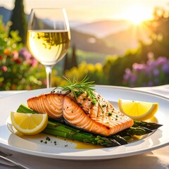 Köstliches gegrilltes Lachsfilet und Spargel, dahinter ein mit einem Glas Weißwein in natürlicher Umgebung