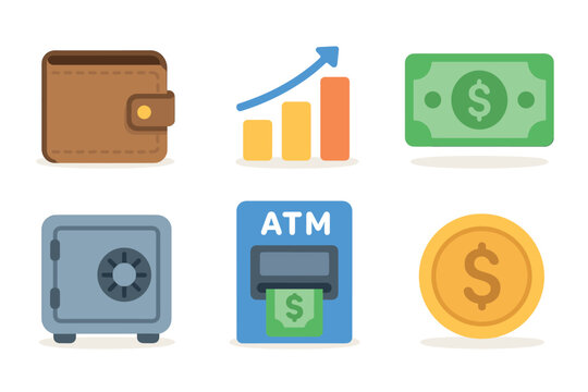 Financial tools and symbols for personal budgeting and savings. Set of 6 vector illustration