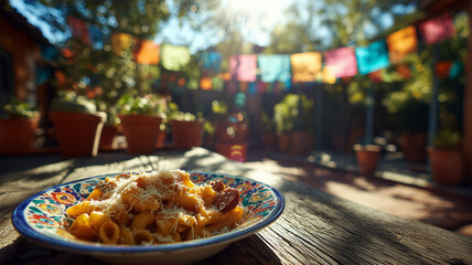 屋外テーブルに並べられたパスタ料理の皿