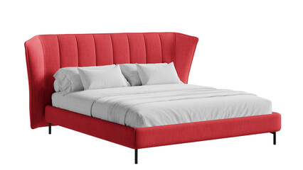 Red bed with a white blanket and pillows on a transparent background.