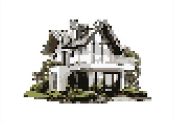 Pixel Art Modern House with Greenery. 8 bit. Game development, mobile app. Isolated vector illustration.