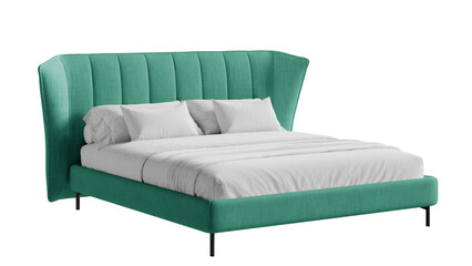 Modern double bed with bedding on an isolated background.
