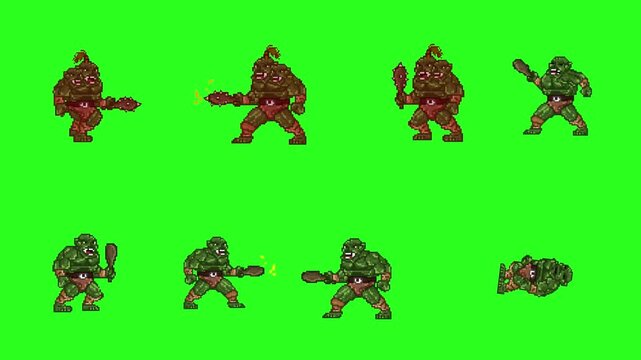 Animated video with several ogres in pixel art style on a green background, art.