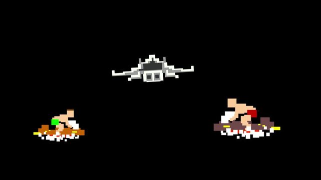 Animated video of two speedboats and a jet plane in pixel art style on a black background, art, 2D, game.