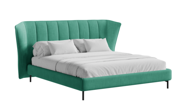 Modern double bed with bedding on an isolated background.
