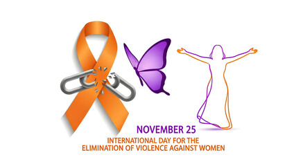 International Day for the Elimination of Violence Against Women illustration featuring an orange ribbon with broken chains a butte