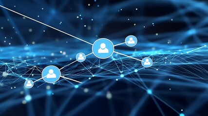 Abstract digital network connection illustration with user icons and glowing lines on a dark background - Powered by Adobe