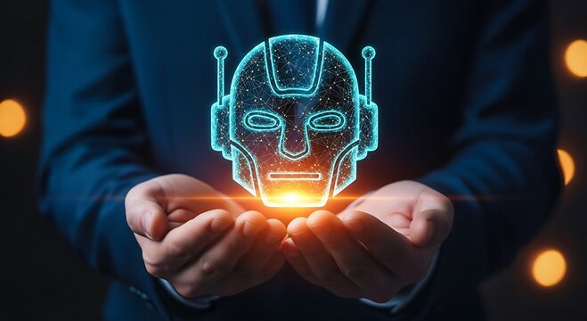 Businessman holding a glowing AI robot head, symbolizing artificial intelligence and future technology.