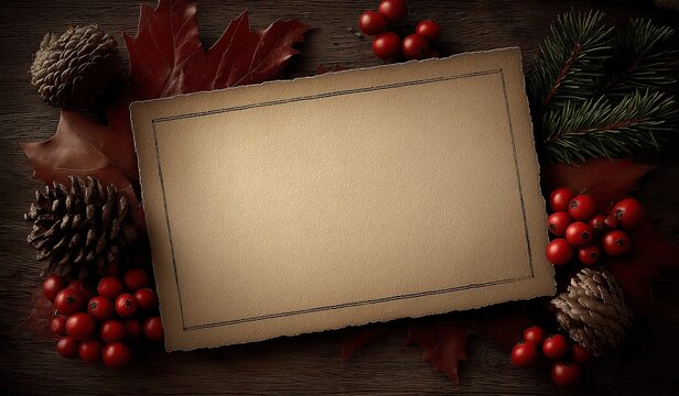A blank vintage card on a dark wooden background decorated with red berries and pine cones creating an autumnal rustic theme - Powered by Adobe