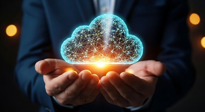 Businessman holding a glowing cloud icon representing cloud computing and data storage.