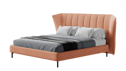 Modern double bed with bedding on an isolated background.